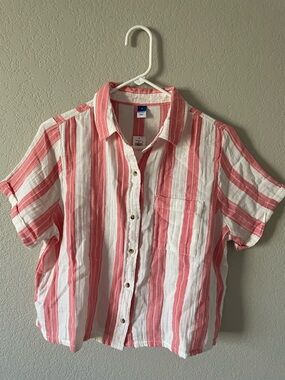 Old Navy Coral Pink and White Striped Button Up Shirt